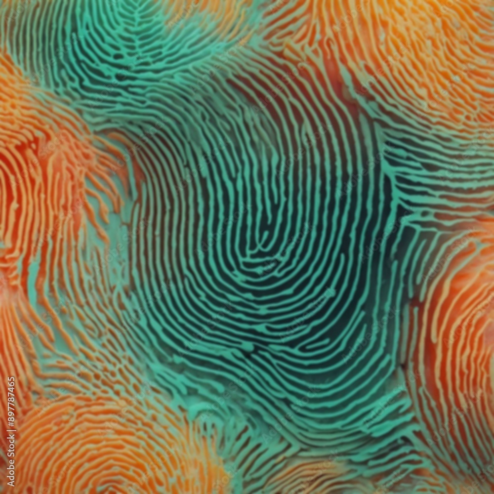 Blurred close-up of a fish's scales or fingerprint showing vibrant green and orange patterns, out of focus Blurred close-up of a fish's scales or fingerprint showing vibrant green and orange patterns, out of focus