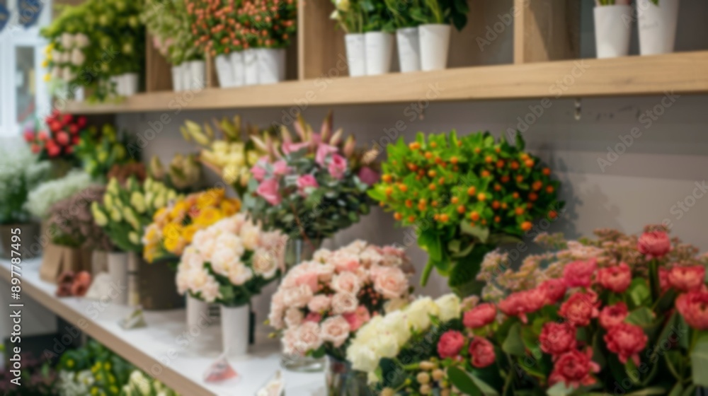 A collection of flower arrangements in vases on wooden shelves in a florist shop, blurred, flower shop or delivery concept, out of focus A collection of flower arrangements in vases on wooden shelves in a florist shop, blurred, flower shop or delivery concept, out of focus