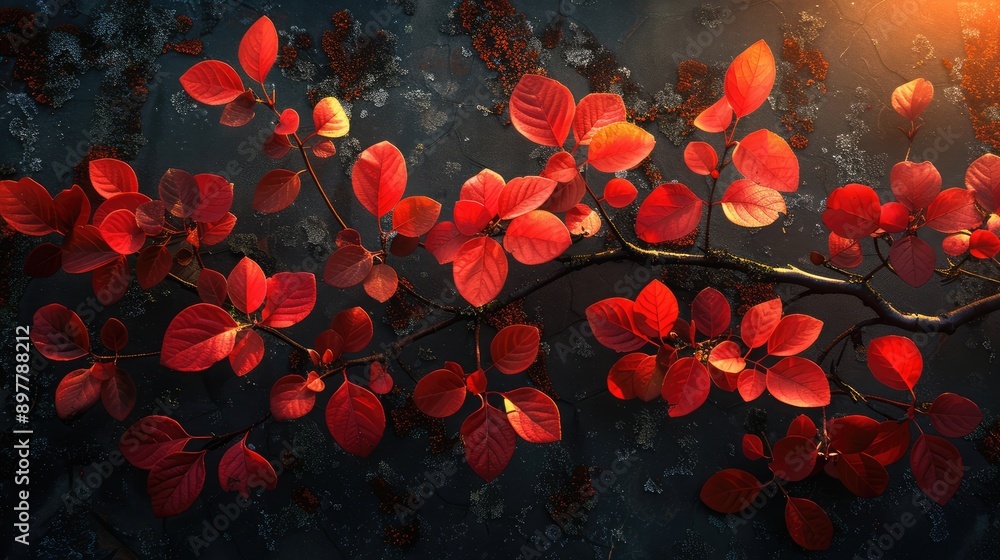 Autumn leaves lit by evening sun