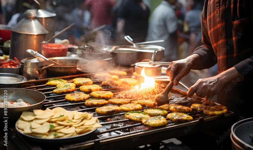 Preparing food at a Southeast Asian market stall Preparing food at a Southeast Asian market stall