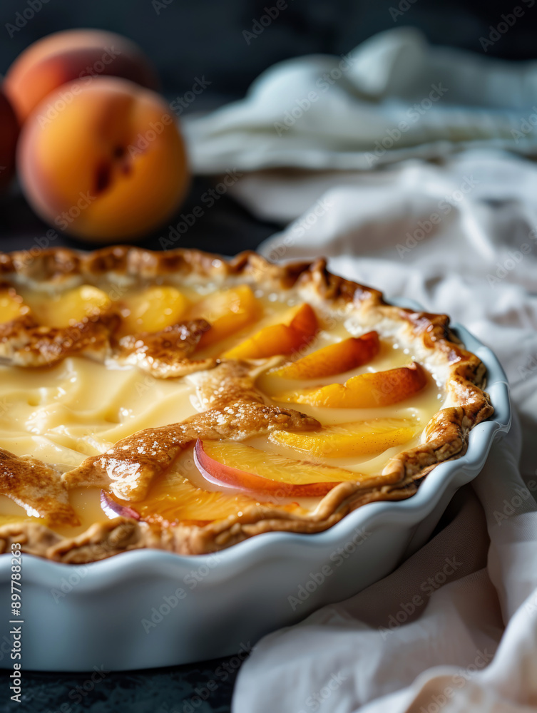 Peach Custard Pie with Golden Brown Crust, Sweet Dessert with Fresh Peaches and Creamy Custard Peach Custard Pie with Golden Brown Crust, Sweet Dessert with Fresh Peaches and Creamy Custard