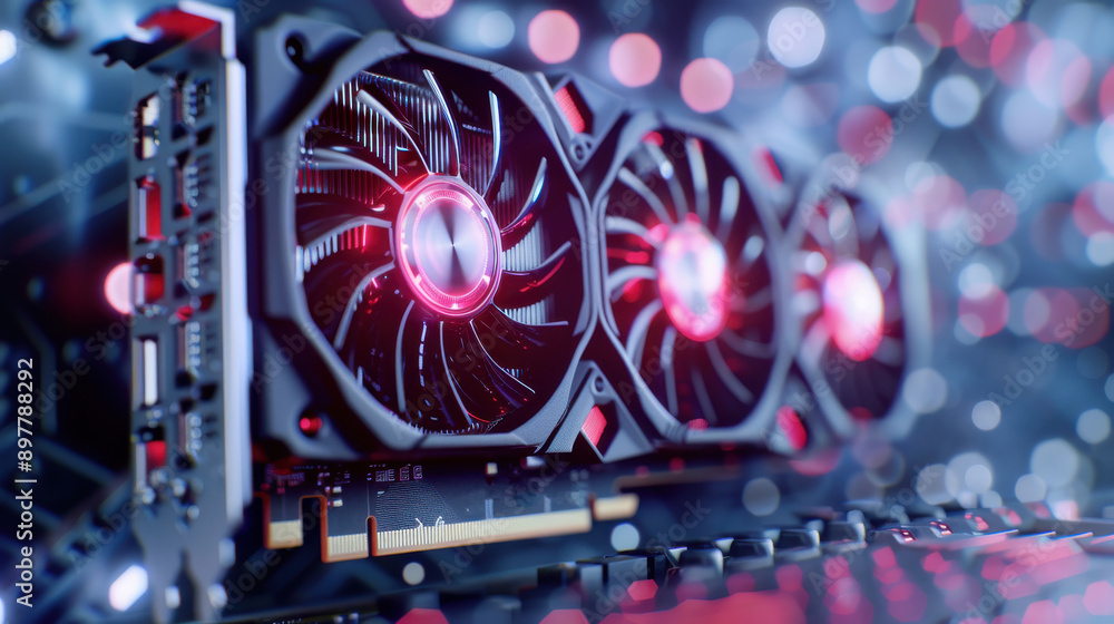 Fototapeta premium High-Performance Graphics Card, Powerful GPU with glowing fans, Cutting-Edge Technology