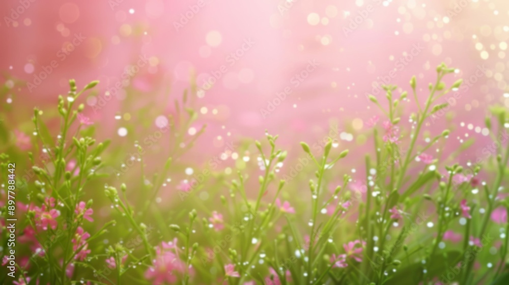 Fototapeta premium A blurred background of pink flowers and green foliage in a soft, warm light, out of focus, copy space