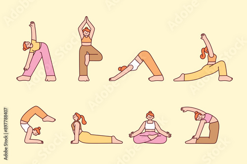 Various yoga poses. outline simple vector illustration.