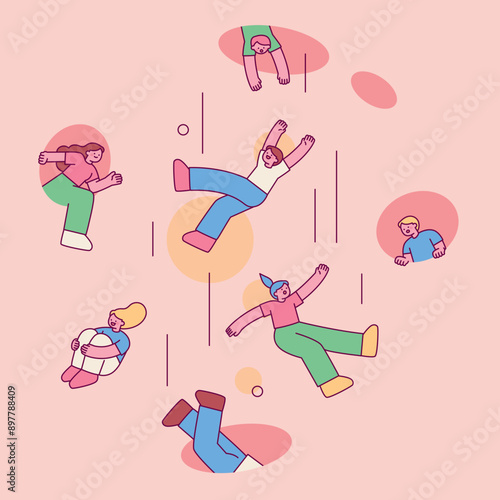 People are having fun falling down holes. outline simple vector illustration.