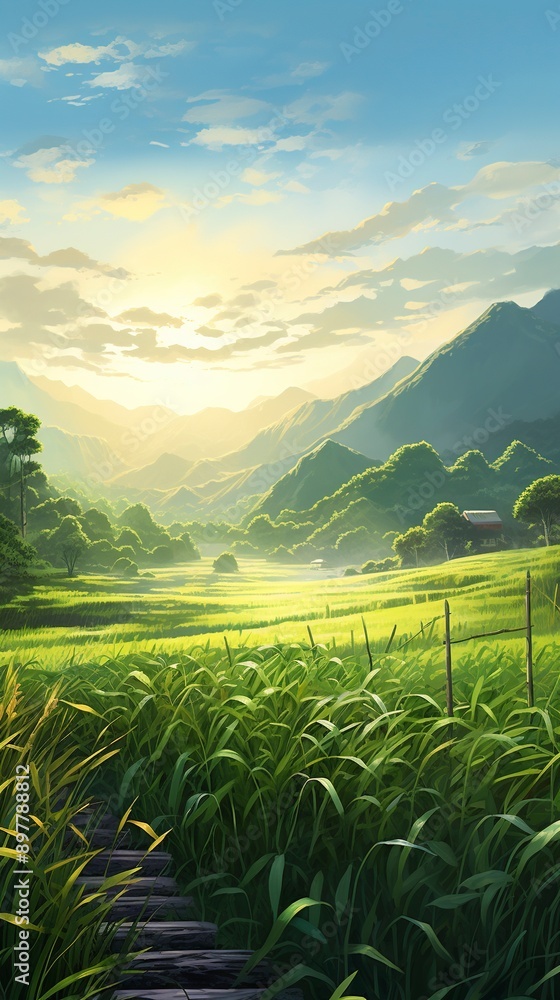 Fototapeta premium green wheat field background and copy space , generative ai