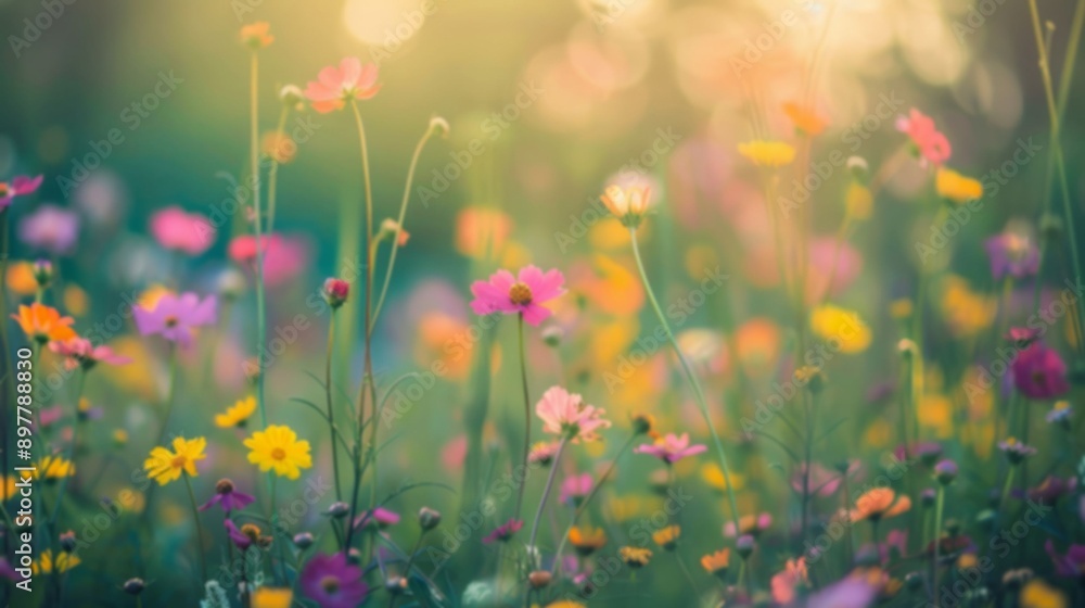 A field of wildflowers, bathed in the warm glow of the setting sun, creating a dreamy, out-of-focus backdrop A field of wildflowers, bathed in the warm glow of the setting sun, creating a dreamy, out-of-focus backdrop
