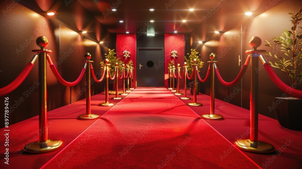 Red Carpet hallway with barriers and red ropes Red Carpet hallway with barriers and red ropes
