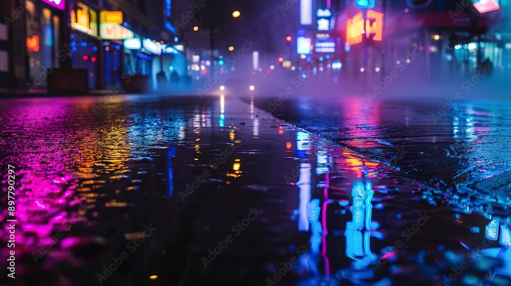 Obraz premium Dark night street, wet asphalt, neon reflection in water, smoke, smog. 
