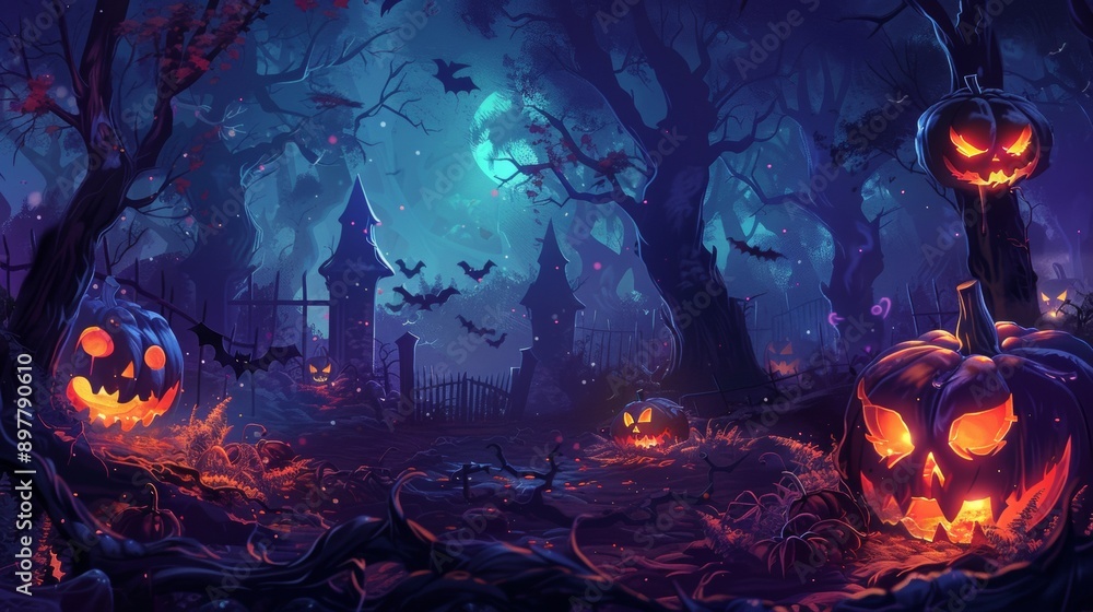 cemetery with trees and dark darkness and pumpkins on halloween cemetery with trees and dark darkness and pumpkins on halloween