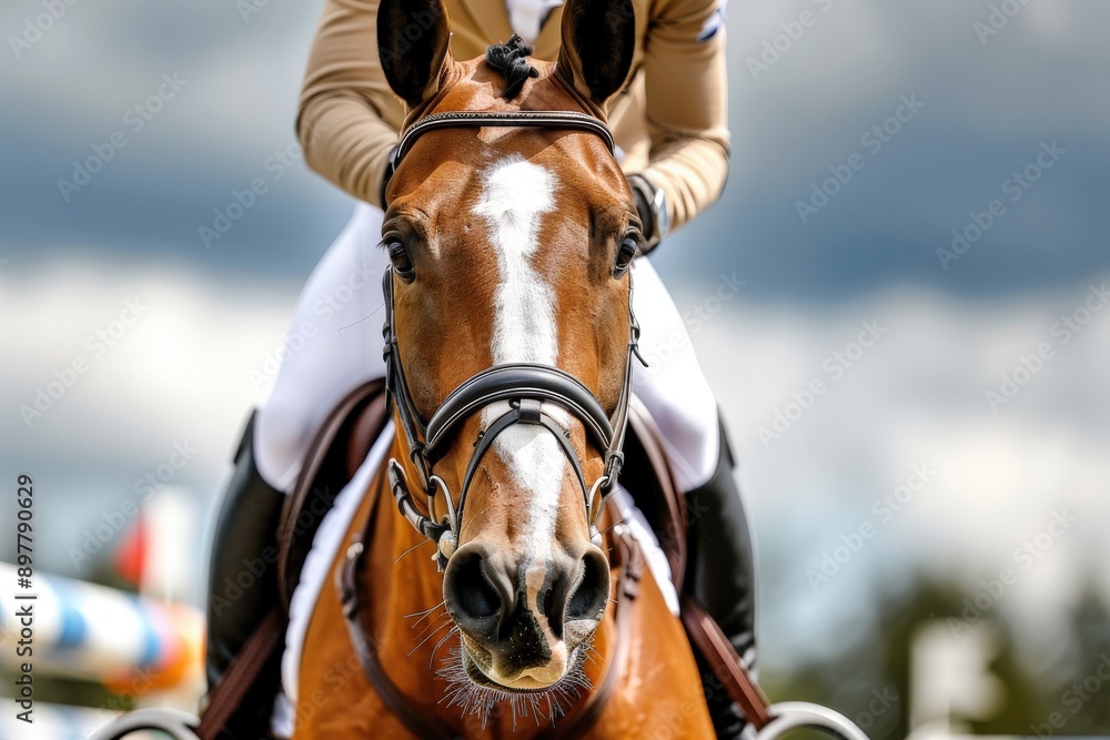 Obraz premium A close-up of a rider on a chestnut horse, showcasing elegance and power during an equestrian event against a dramatic sky.