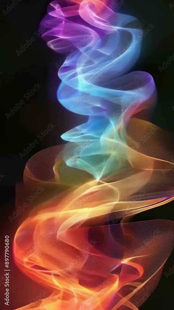 Vivid and colorful smoke swirls in rainbow hues rise gracefully against a black background, creating a mesmerizing and ethereal effect. The smoke’s flowing, fluid motion adds a sense of dynamism and