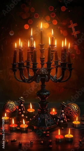 A moody candle holder with flickering candles, surrounded by ornate decor, creating a warm and mystical atmosphere. © lertsakwiman