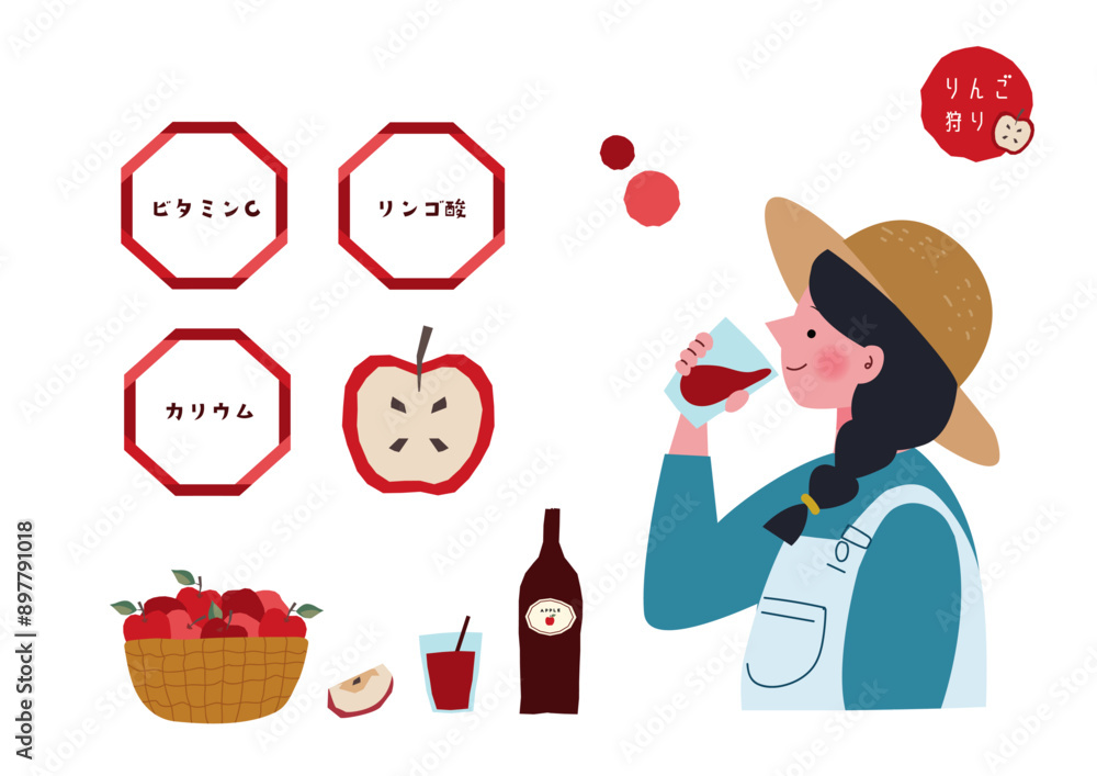 リンゴジュースを飲む女の子とりんごの挿絵セット リンゴジュースを飲む女の子とりんごの挿絵セット