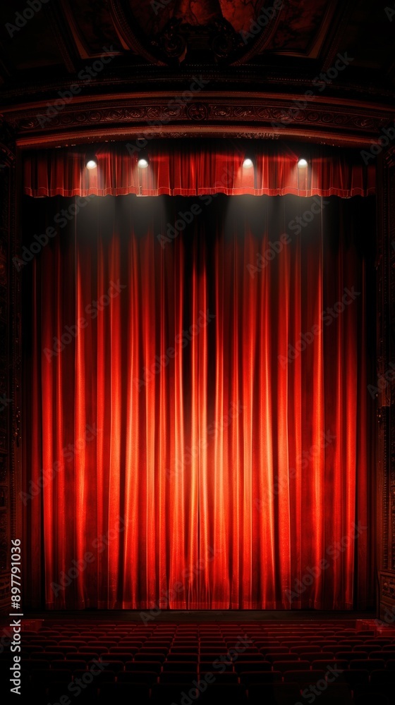 Fototapeta premium A vibrant red curtain draped elegantly on a theater stage, illuminated by soft spotlighting, perfect for theatrical backgrounds.