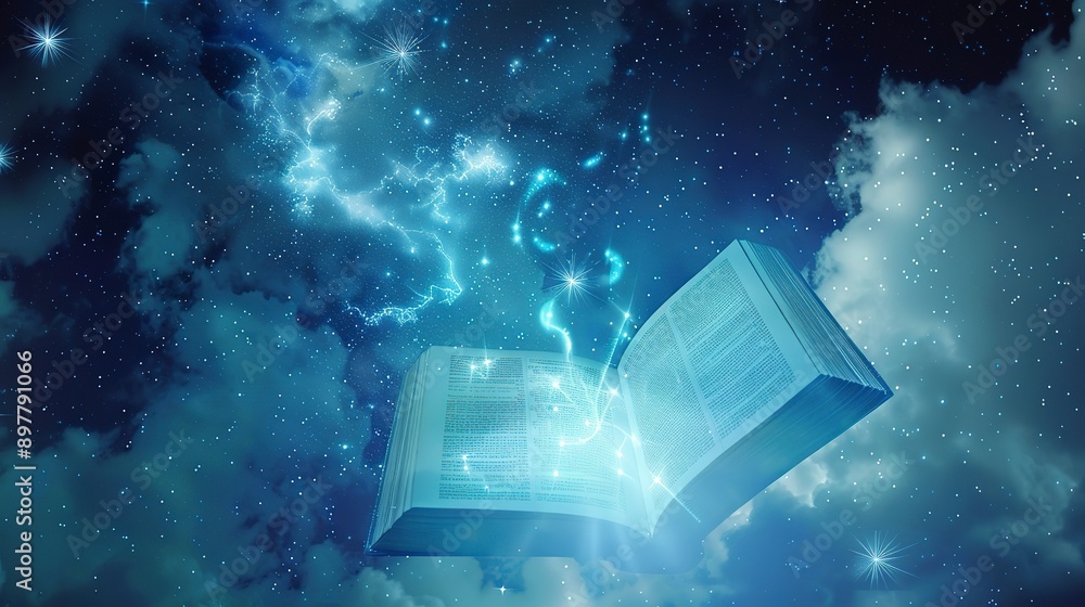 Naklejka premium A sky-blue backdrop hosts a constellation shaped like an open book. literary constellation.