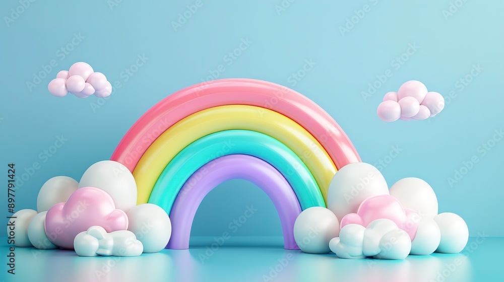 3d rainbows in candy pastel color yellow, pink, purple, blue. Cute plastic rainbow with clouds. 3d rendering spring illustration suitable for decoration of Birthday, product, banner 3d rainbows in candy pastel color yellow, pink, purple, blue. Cute plastic rainbow with clouds. 3d rendering spring illustration suitable for decoration of Birthday, product, banner