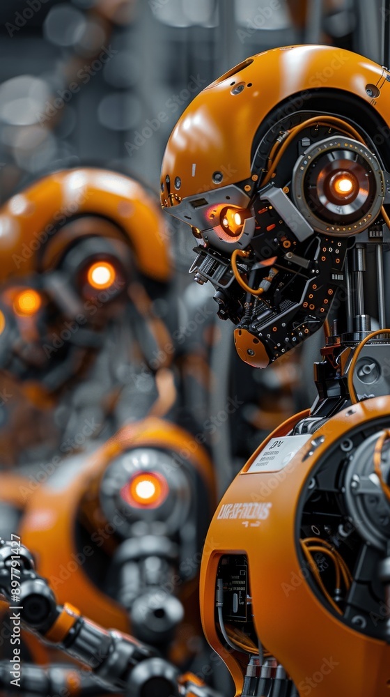 High-tech robot with orange design features intricate mechanics and glowing lights in a futuristic setting. High-tech robot with orange design features intricate mechanics and glowing lights in a futuristic setting.