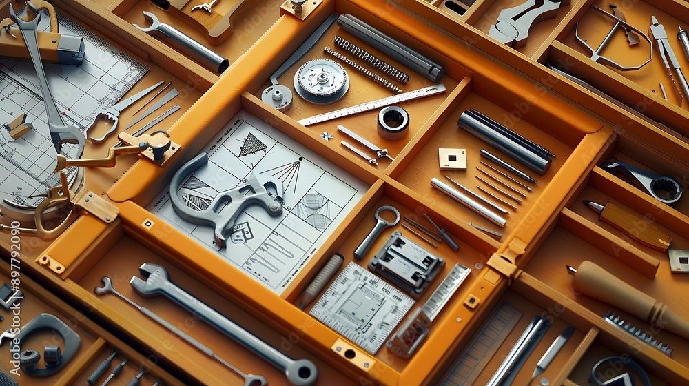 Open toolbox with a variety of geometry tools like compasses rulers and set squares suitable for educational graphic resources and drafting applications in academic environments Open toolbox with a variety of geometry tools like compasses rulers and set squares suitable for educational graphic resources and drafting applications in academic environments