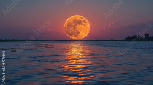 Obraz na płótnie Full moon rising over a calm sea w salonie