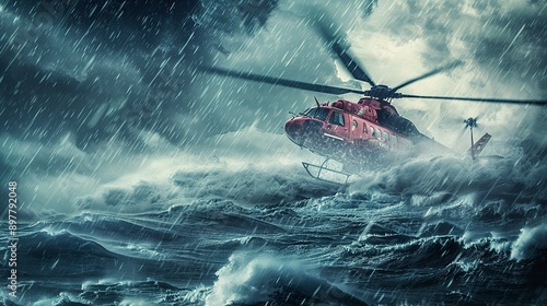 A helicopter rescue mission in difficult stormy weather at sea. sinking boat storm out at sea with heavy rain 
