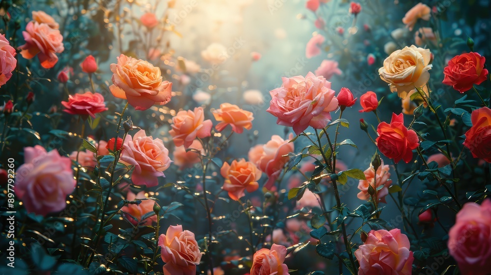 Garden full of roses in various colors