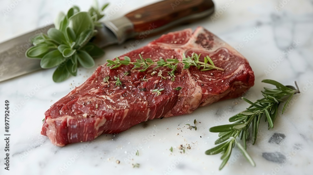 Juicy T-Bone Beef Steak with Fresh Herbs and Cleaver for Grilling Juicy T-Bone Beef Steak with Fresh Herbs and Cleaver for Grilling