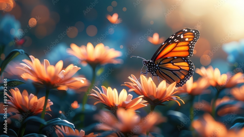 Garden with blooming flowers and butterflies