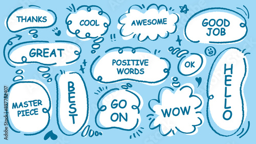 Comic style cute quote colorful thinking bubble with positive words. Set of hand drawn memo frame. Cartoon doodle crayon drawing cloud, box, message. Flat vector. Best, Awesome, WOW, Master, Piece, Go