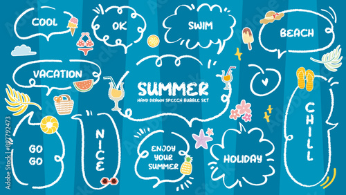 Set of summer holiday theme speech bubble. Crayon drawing doodle cartoon style memo sticker. Cute colorful vacation symbol dialogue box . Quote frame blank box cloud Chill Nice, Enjoy, Beach, Swim, Go