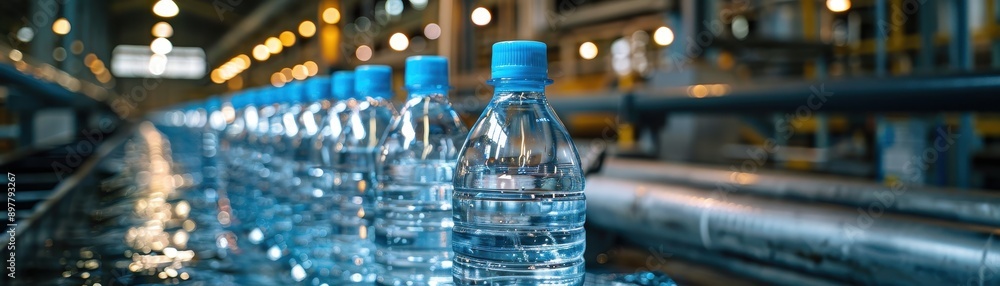 Bottled Water Production Line in Modern Factory with Blue Caps and Industrial Background Bottled Water Production Line in Modern Factory with Blue Caps and Industrial Background