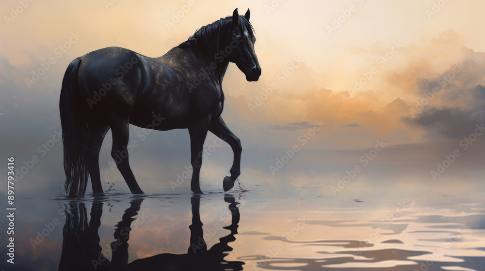 horse at sunset in water horse at sunset in water