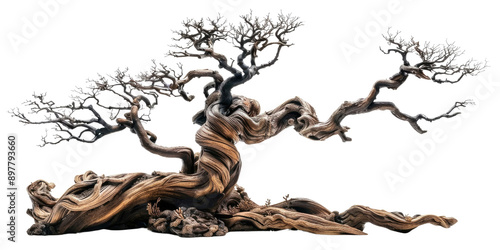 Mysterious giant silhouette of dead tree with leafless gnarled branches isolated in a transparent background. Cut out or PNG.