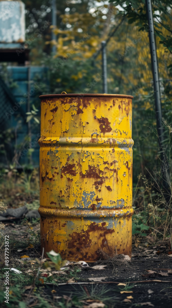 Fototapeta premium Old rusty yellow barrel in neglected industrial area
