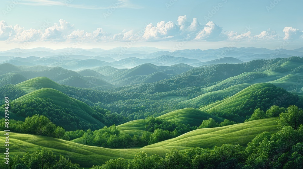 Idyllic countryside with rolling hills and a clear sky