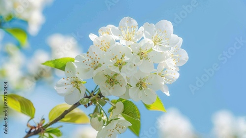 White Bradford pear tree blossoms in spring with blue sky background photo