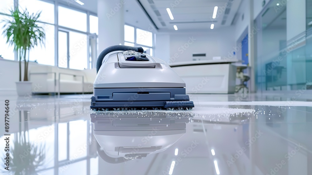 Cleaning hard floor with the cleaning machine in office Cleaning hard floor with the cleaning machine in office