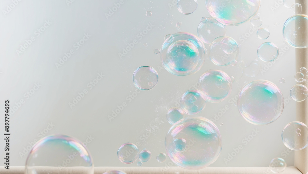 A Cluster of Soap Bubbles Floating in Mid-Air Against a White Background A Cluster of Soap Bubbles Floating in Mid-Air Against a White Background