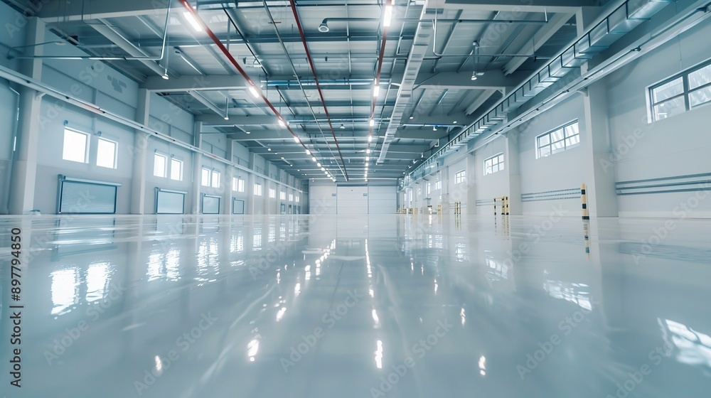 New shiny epoxy resin floor in a large, brightly lit room. Office, warehouse, production workshop after renovation. New shiny epoxy resin floor in a large, brightly lit room. Office, warehouse, production workshop after renovation.
