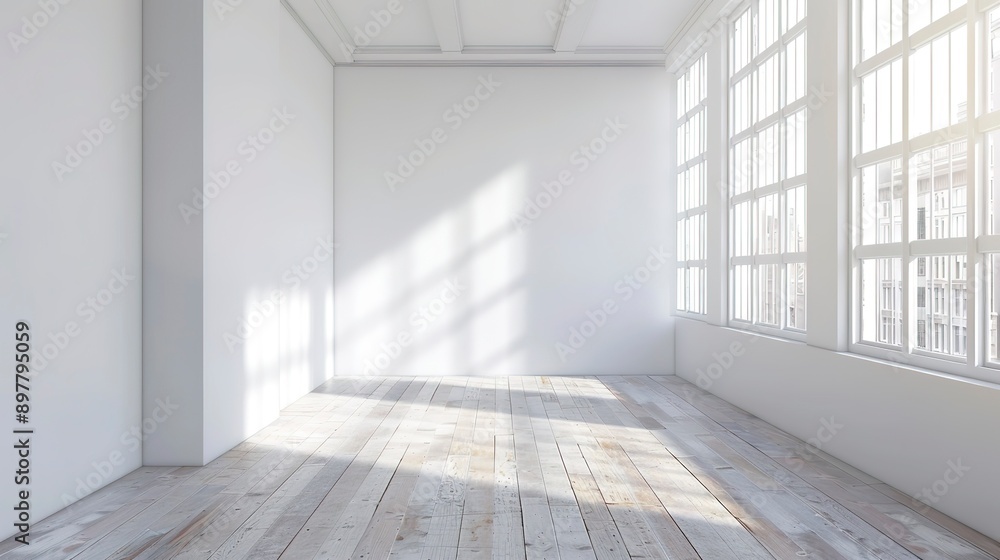 Fototapeta premium Empty white room with white wall, wooden floor and big window. Studio or office blank space. Empty template for interior product. Background for branding design showcase with copy space