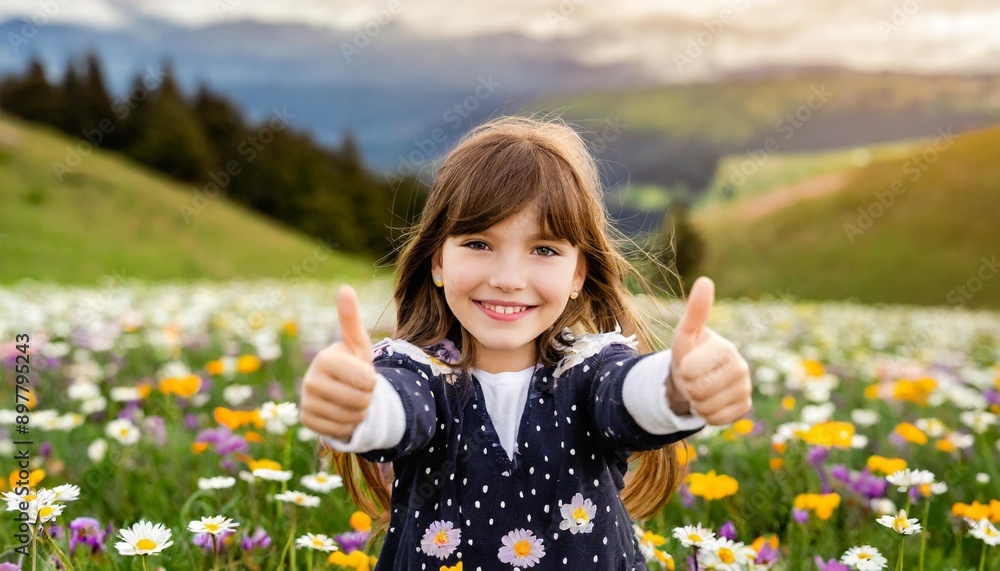 Portrait of cute little girl with thumbs up shows a class on the flower meadow, happy childhood concept, child having fun Portrait of cute little girl with thumbs up shows a class on the flower meadow, happy childhood concept, child having fun