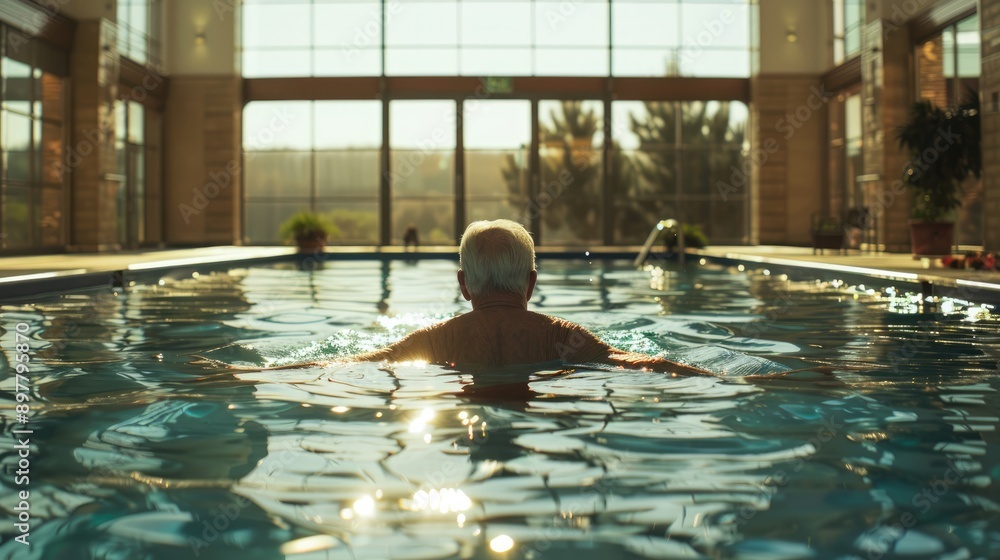 An elderly man enjoying a leisurely swim in an indoor pool
