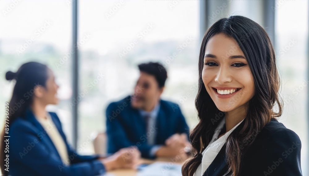 Confident professional engages in discussion, smiling woman in business attire, two colleagues conversing in background, bright office setting with large windows. Confident professional engages in discussion, smiling woman in business attire, two colleagues conversing in background, bright office setting with large windows.
