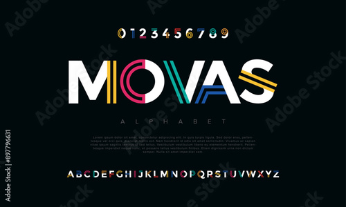 Movas creative modern geometric urban alphabet font. Digital abstract futuristic, game, techno, robot, music, logo, sport, minimal technology typography. Simple numeric vector illustration