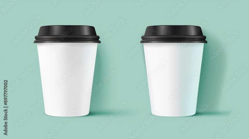 Two Blank Takeaway Coffee Cups with Black Lids Two Blank Takeaway Coffee Cups with Black Lids