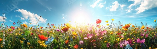Blooming Meadow: A Stunning Panoramic Landscape of Wild Flowers in Full Bloom under the Clear Blue Sky © hisilly