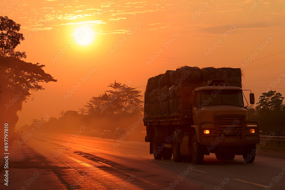 Truck with fire and smoke on the road at sunset in the city Truck with fire and smoke on the road at sunset in the city