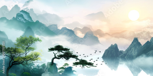 An abstract watercolor background depicts a Chinese sunset over majestic mountains, with vibrant colors blending into a serene scene