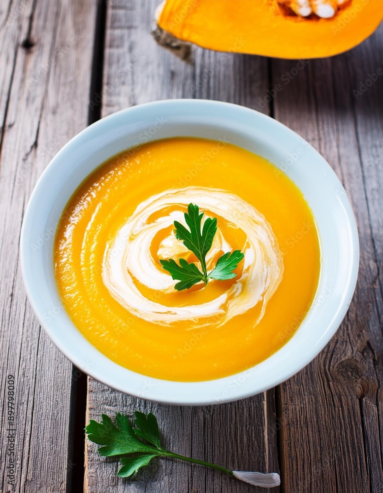 Pumpkin soup with parsley and cream on the wooden table; selective focus; horizontal, rustic style Pumpkin soup with parsley and cream on the wooden table; selective focus; horizontal, rustic style