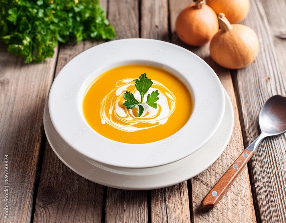 Pumpkin soup with parsley and cream on the wooden table; selective focus; horizontal, rustic style Pumpkin soup with parsley and cream on the wooden table; selective focus; horizontal, rustic style